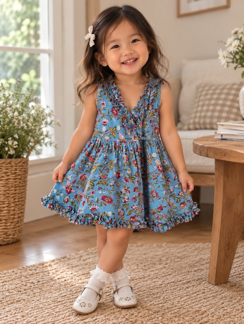 Anokhi Girls Blue Floral Wrap Dress Ruffle Trim Cotton Boho Size 2-3 Years
